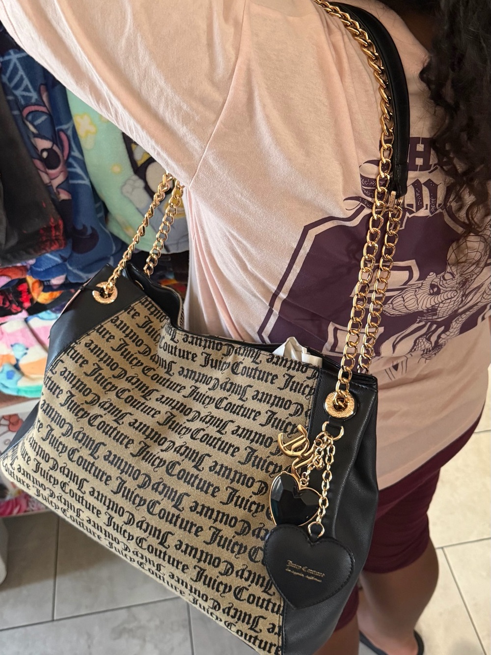 Juicy Couture Black and Cream Logo Shoulder Bag with Gold Chain
